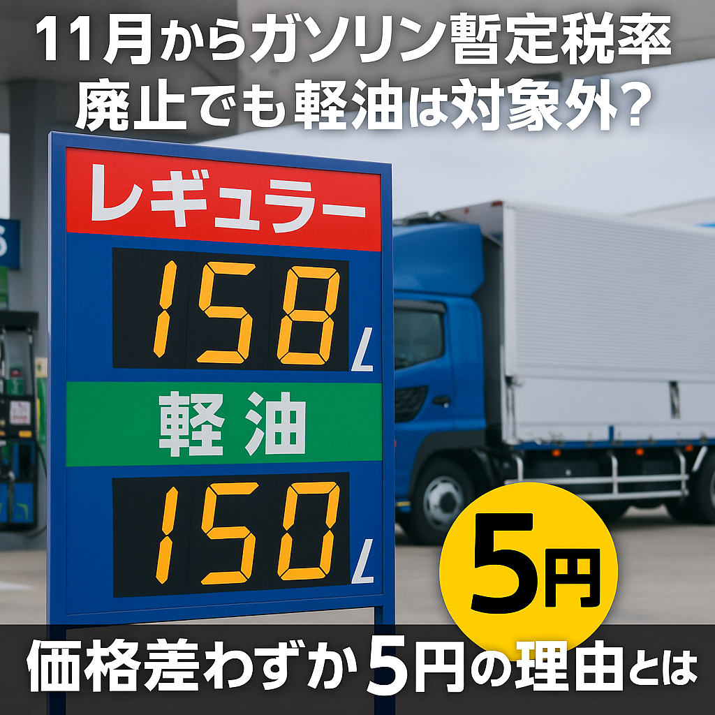 ガソリン暫定税率は11/1廃止へ。でも軽油は据え置き？価格差ほぼ5円の理由とこれから